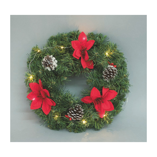 Fuoriporta natalizio Corona verde pigne e stelle 35 cm led bianco