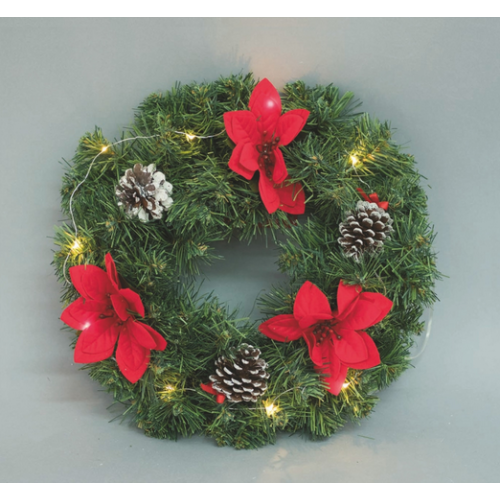 Fuoriporta natalizio Corona verde pigne e stelle 35 cm led bianco