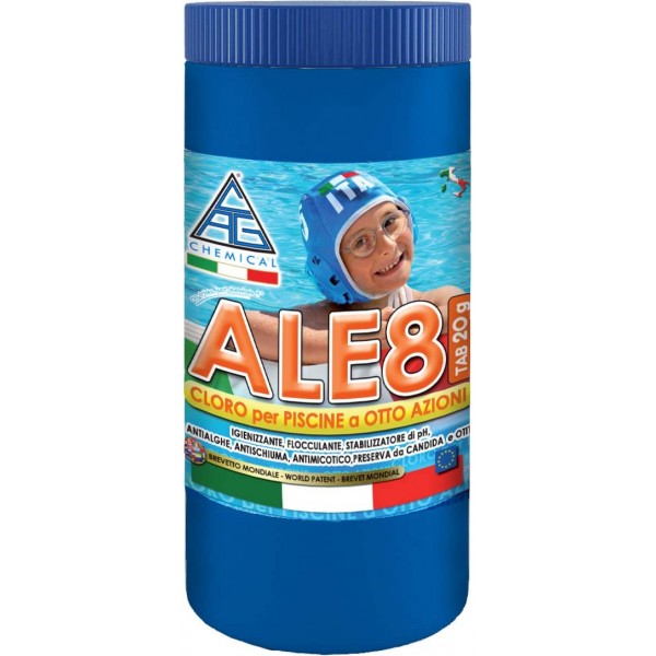 Pastiglie cloro piscine Cloro 8 funzioni x piscina pastiglie gr.20 kg.1 ale8 p20
