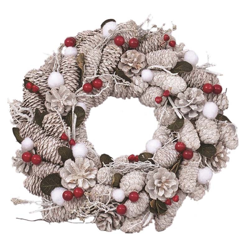 Fuoriporta natalizio Corona legno fuoriporta con pigne bianche e bacche rosse 30cm