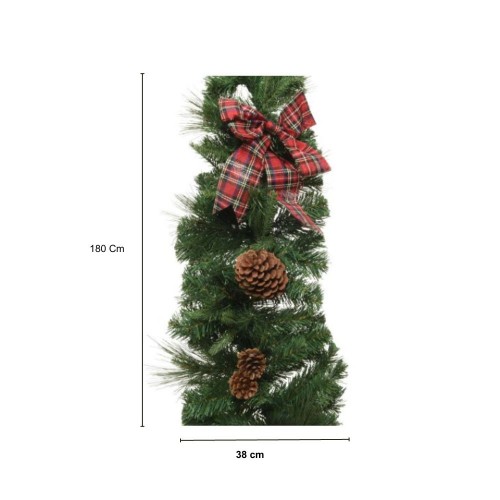 Arredo natalizio Everlands Ghirlanda di Natale Verde con Fiocco Scozzese Rosso e Pigne Naturali,  180 cm, Diametro 38 cm