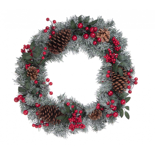 Luci natalizie Ghirlanda Tonda Natalizia Caryn Innevata Con Bacche Color Rosso D 55 cm