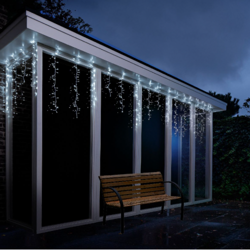 Luci natalizie Tenda Luminosa Natalizia A Cascata 256 Led Luce Bianco Freddo 8 Funzioni 375 x h 60 cm