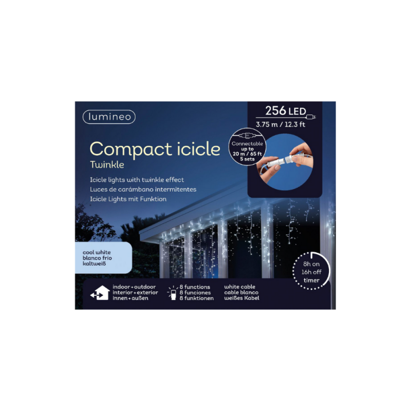 Luci natalizie Tenda Luminosa Natalizia A Cascata 256 Led Luce Bianco Freddo 8 Funzioni 375 x h 60 cm