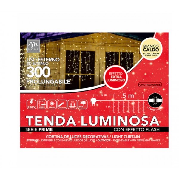 Luci natalizie Tenda Luci 300 Led Bianco Caldo Lunghezza 5mt x Altezza 1 mt