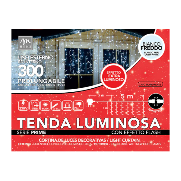 Luci natalizie Tenda Luci Natalizie 300 Led Bianco Freddo Effetto Flash Da Esterno 10 mt