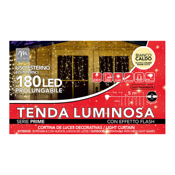 Luci natalizie Tenda Natale 180 Led Bianco Caldo 10 mt Da Esterno