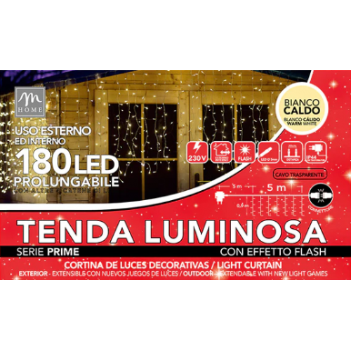 Luci natalizie Tenda Natale 180 Led Bianco Caldo 10 mt Da Esterno