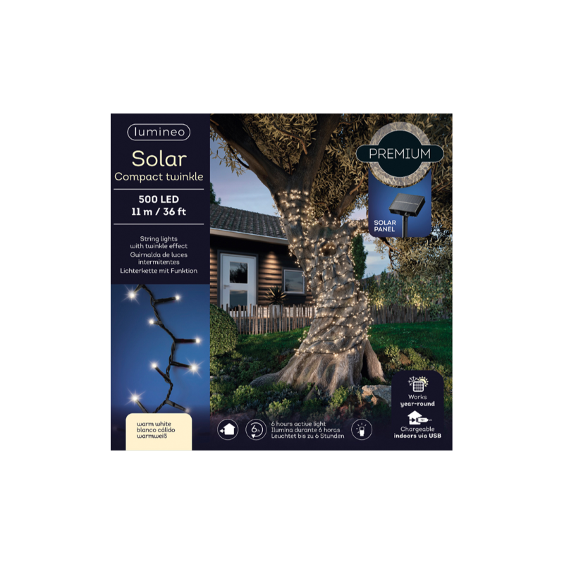 Luci natalizie Luci Natalizie Solar 500 Led Bianco Caldo 8 Funzioni Effetto Scintillante 11 mt