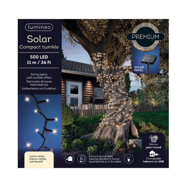 Luci natalizie Luci Natalizie Solar 500 Led Bianco Caldo 8 Funzioni Effetto Scintillante 11 mt
