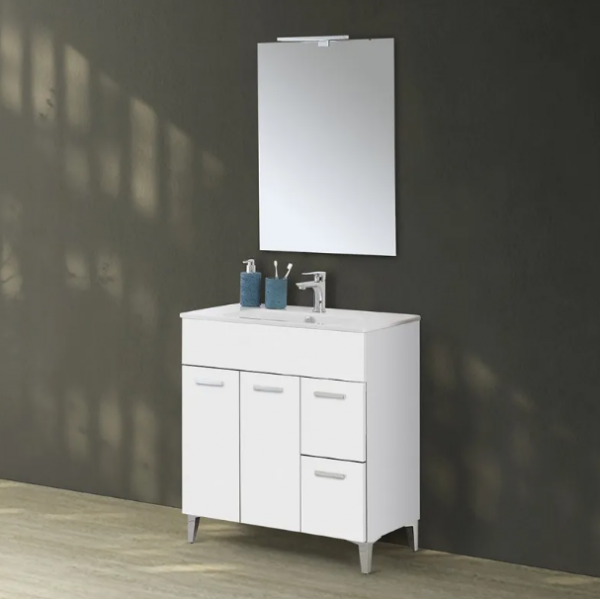 Mobili bagno Mobile Bagno A Terra 80 cm Bianco Con Lavabo E Specchio Led Linea Greta