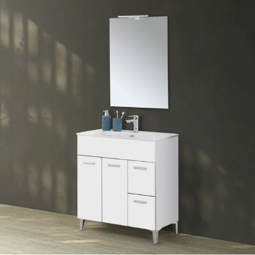 Mobili bagno Mobile Bagno A Terra 80 cm Bianco Con Lavabo E Specchio Led Linea Greta