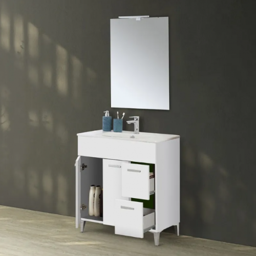 Mobili bagno Mobile Bagno A Terra 80 cm Bianco Con Lavabo E Specchio Led Linea Greta
