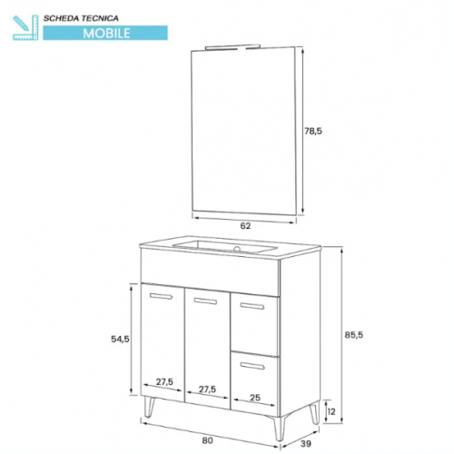 Mobili bagno Mobile Bagno A Terra 80 cm Bianco Con Lavabo E Specchio Led Linea Greta