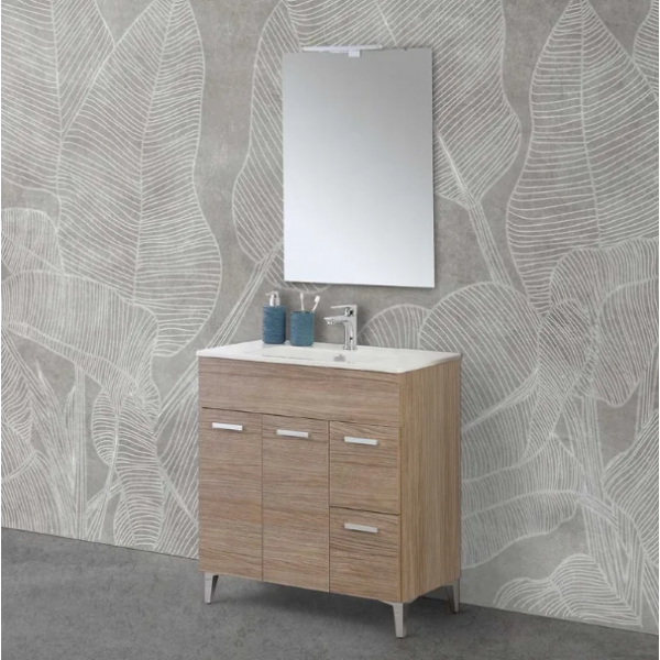 Mobili bagno Mobile Bagno A Terra 80 cm Rovere Tropea Con Lavabo E Specchio Led Linea Greta