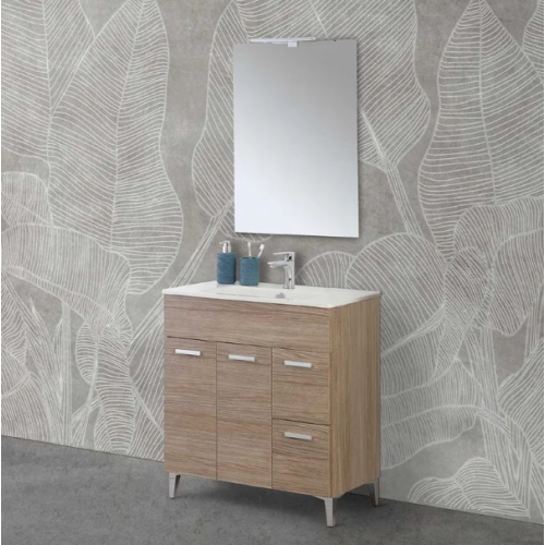 Mobili bagno Mobile Bagno A Terra 80 cm Rovere Tropea Con Lavabo E Specchio Led Linea Greta