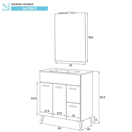 Mobili bagno Mobile Bagno A Terra 80 cm Rovere Tropea Con Lavabo E Specchio Led Linea Greta