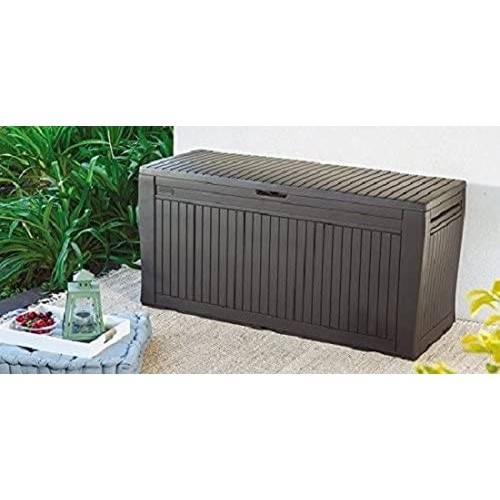 Armadi da esterno Keter baule panca comfy resina effetto legno con ruote cassapanca bauli esterno